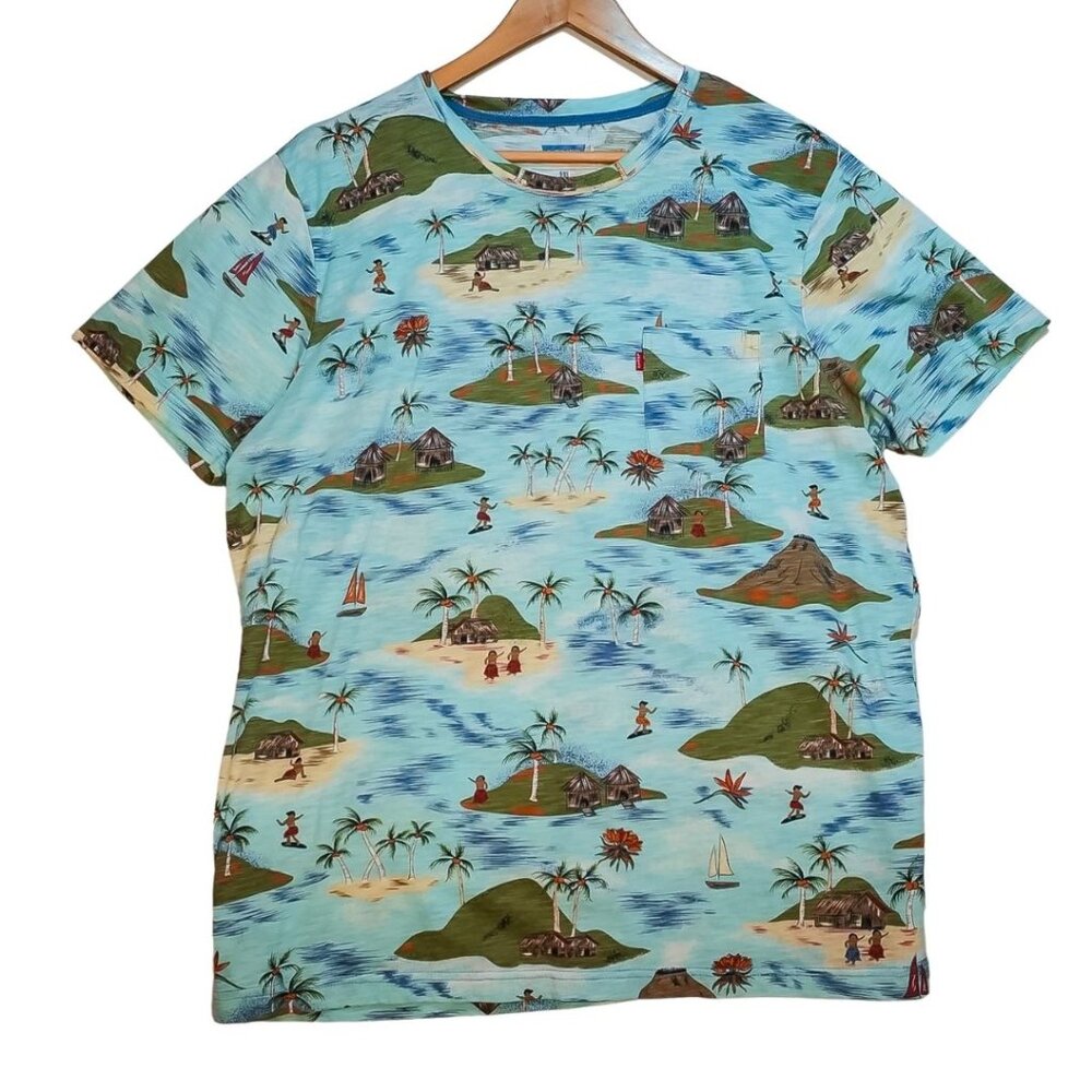 Levi’s 2XL Tropical Island Graphic Tee Blue Hawaiian All Over Print Shirt